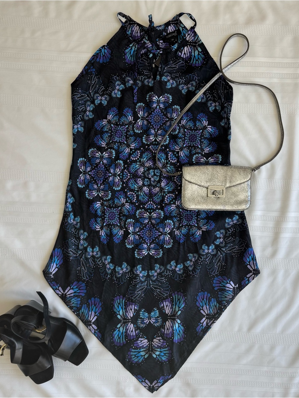 NWT Pineda Covalin 100% Silk Butterfly Handkerchief Halter Dress Small